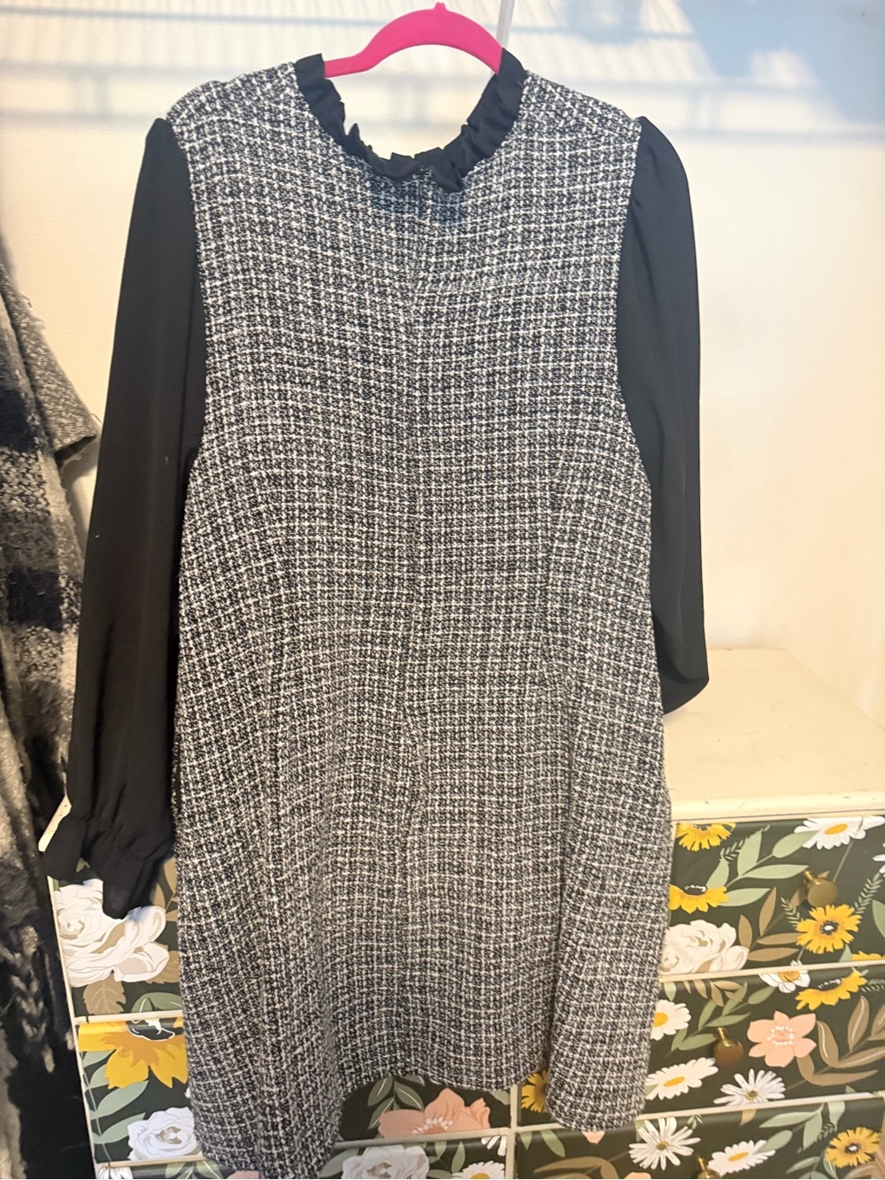 Bloomchic Black & White Tweed Shift Dress with Ruffle Collar